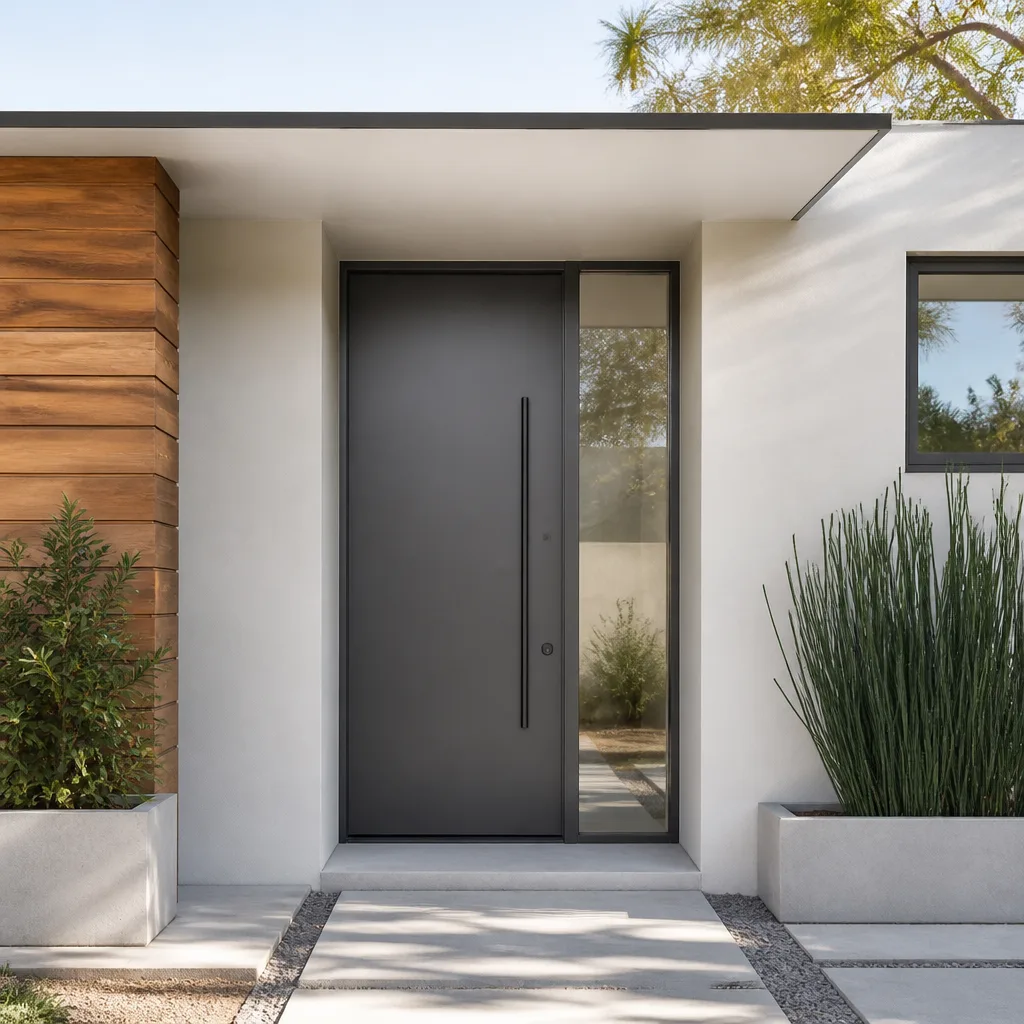 Modern front door installation with sleek dark grey design and sidelight