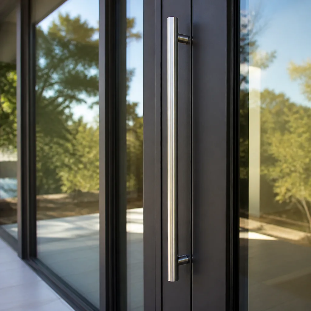 Modern glass door with stainless steel handle installed in home entrance