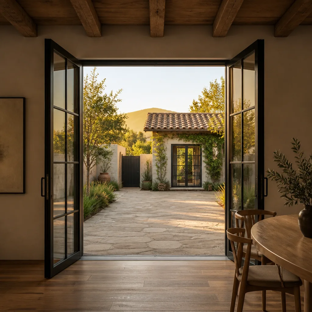 Modern steel patio door installation opening to a stone courtyard