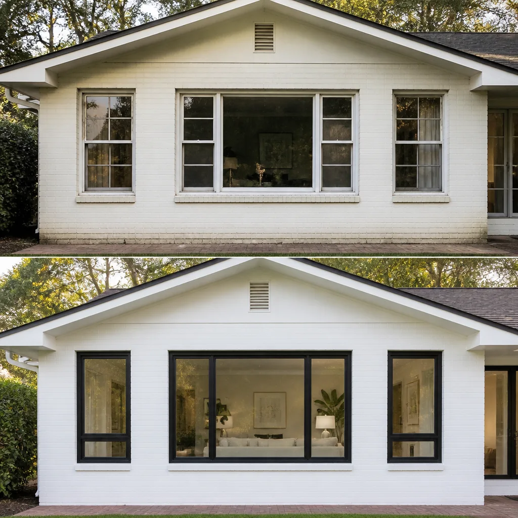 Before and after professional window replacement on a white brick home