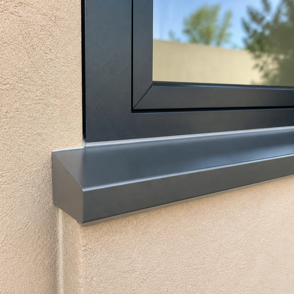 Modern dark aluminum window installation on a textured stucco exterior wall