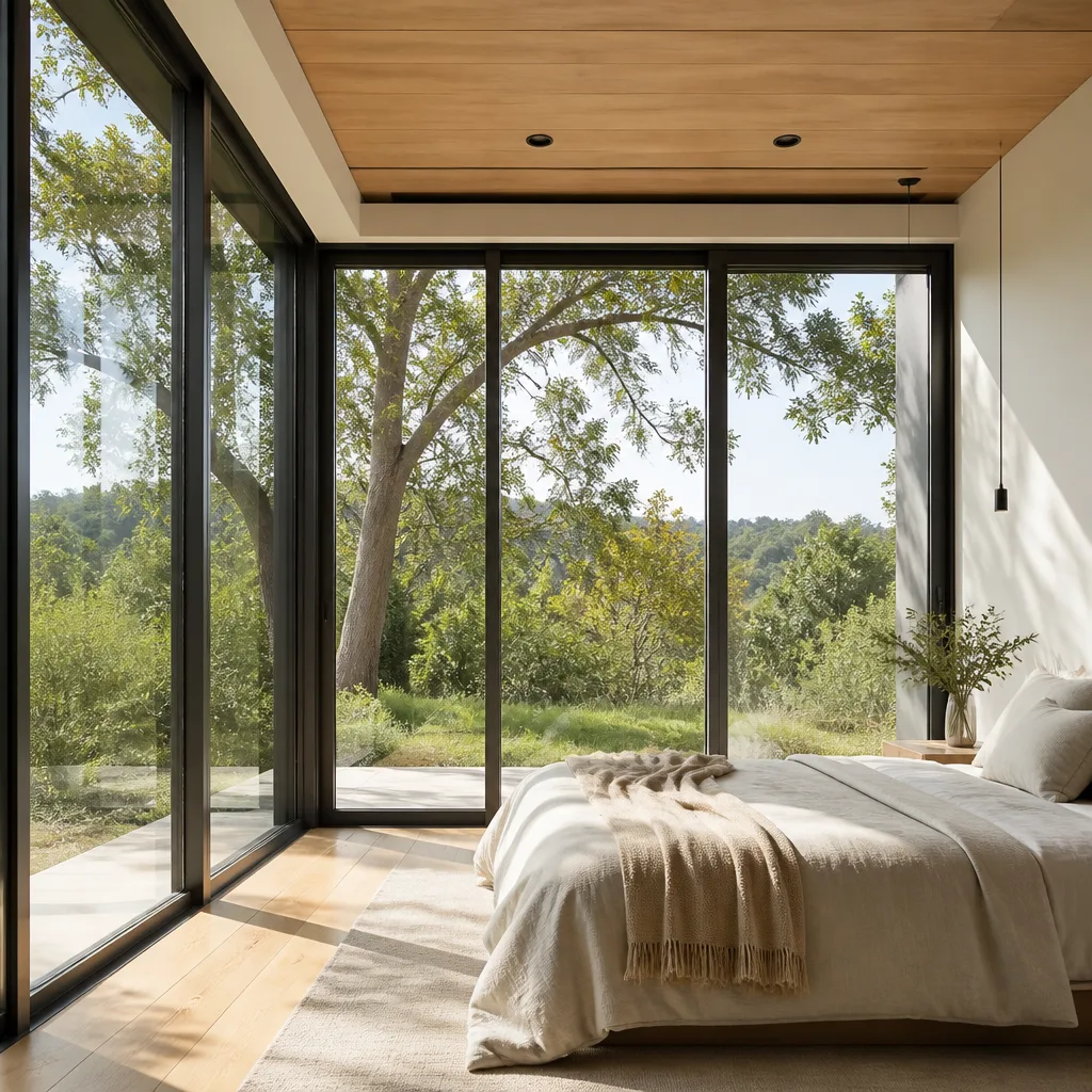 Modern bedroom with expansive floor-to-ceiling glass windows and doors
